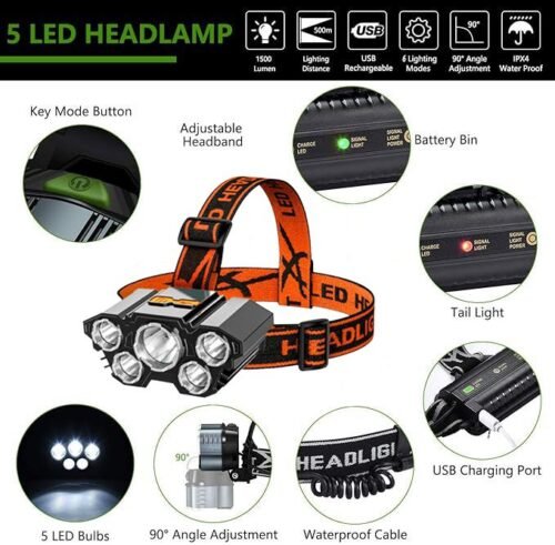 USB rechargeable 5-LED headlight L-T21 - Image 2